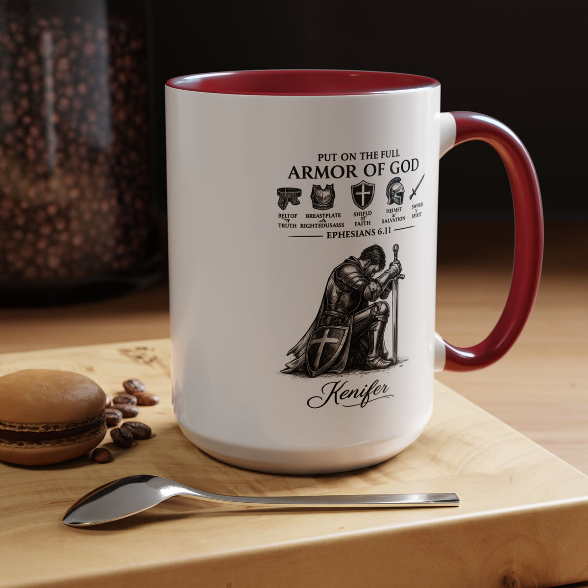 Full Armor of God Coffee Mug with Name, Personalized Christian Knight Gift for Men, Inspirational Scripture Ceramic Tea Cup, Religious Faith Present