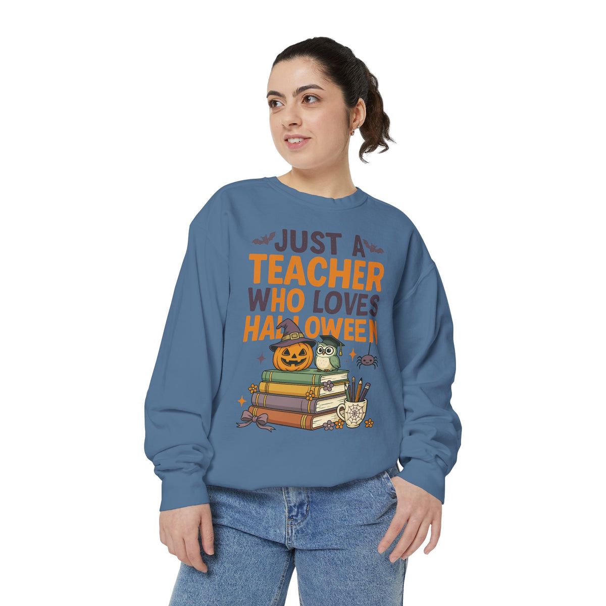 Teacher Halloween Sweatshirt, Just a Teacher Who Loves Halloween Crewneck, Spooky Classroom Shirt, Educator Gift, Cute Fall School Outfit