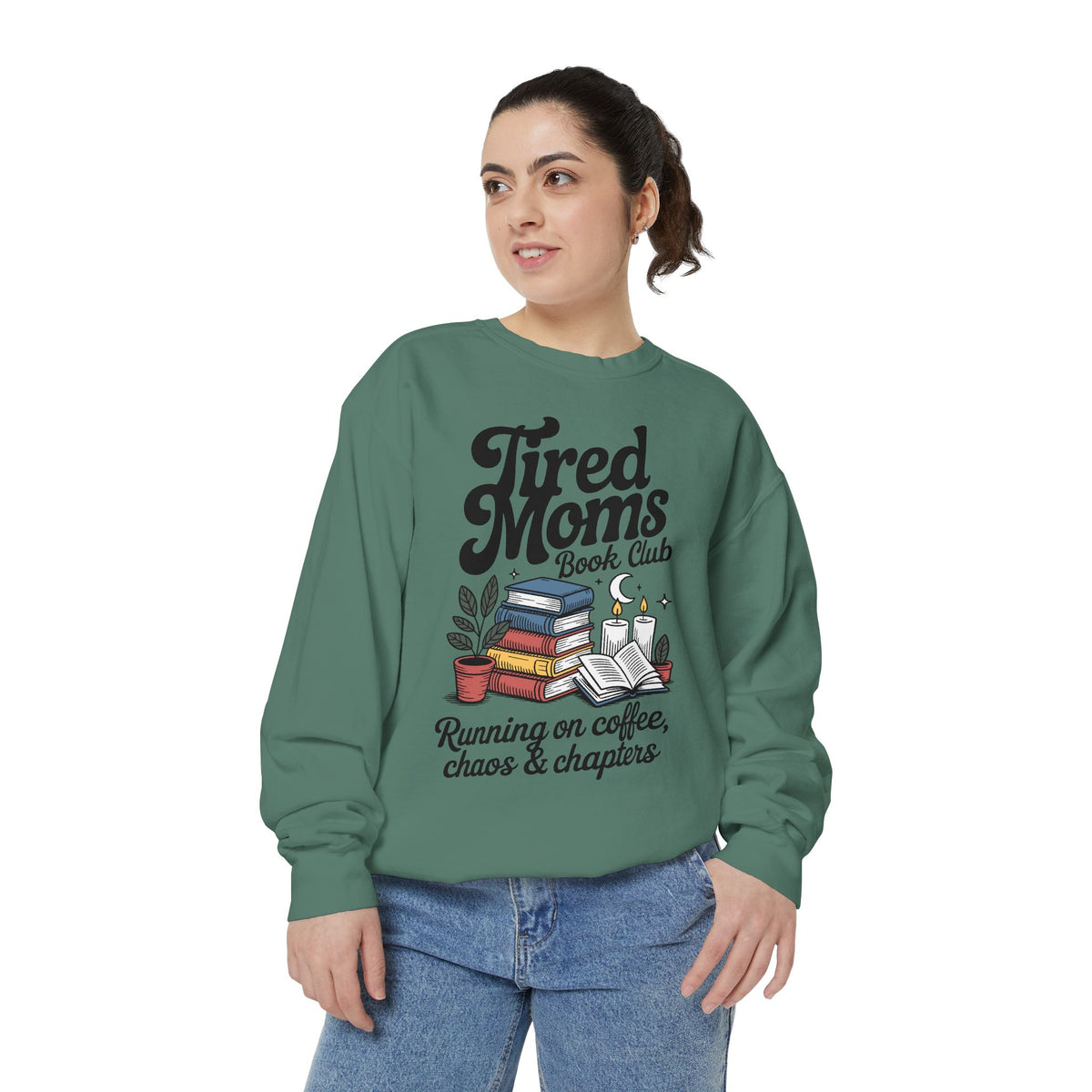 Tired Moms Book Club Comfort Colors Sweatshirt, Running on Coffee Chaos and Chapters Shirt, Book Lover Mom Gift