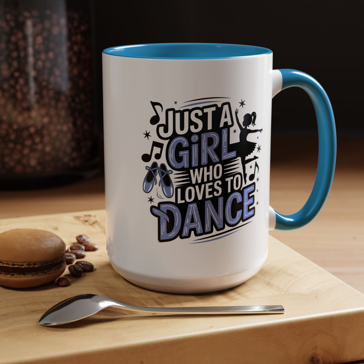 Dance Lover Coffee Mug, Just a Girl Who Loves to Dance Quote, Blue Ballet Shoes and Ballerina Design, Recital Gift for a Daughter or Teacher