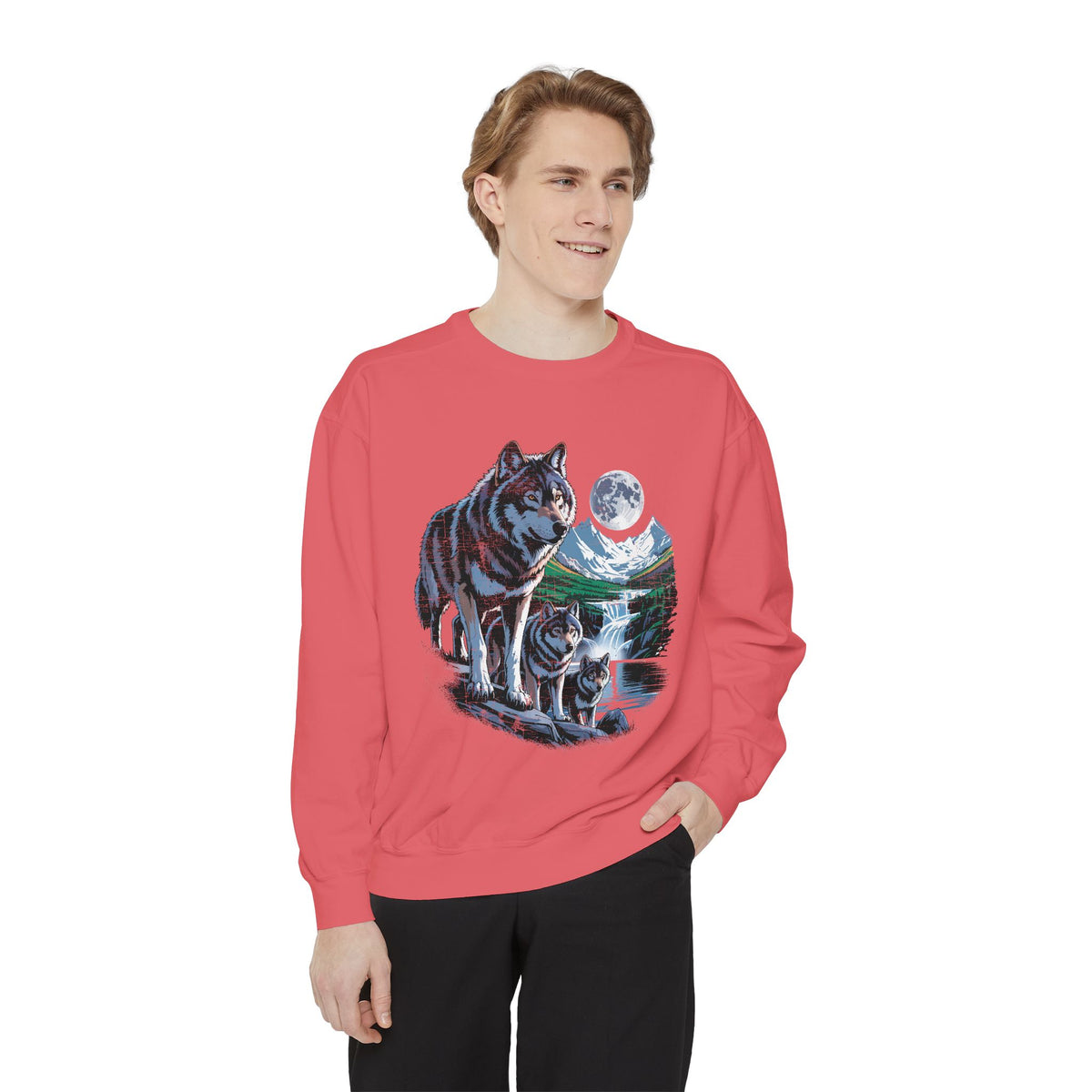Wolf Pack Mountain Sweatshirt, Moonlit Wildlife Crewneck, Nature Lover Gift, Wilderness Forest Graphic Cozy Outdoor Pullover Unisex Top
