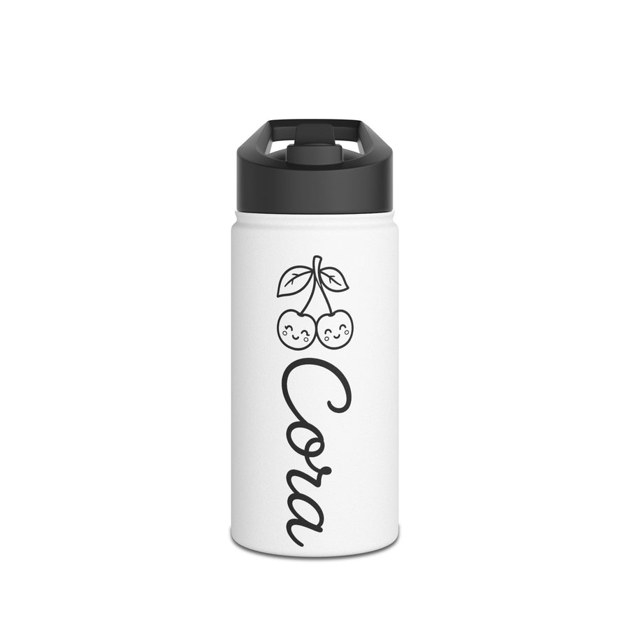 White water bottle with a black lid, printed with a line-drawn pair of cherries with smiling faces above the name Cora, both in black and reading downwards along the bottle.