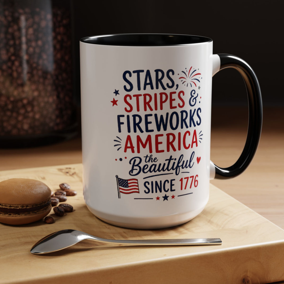 Stars and Stripes Coffee Mug, 4th of July Fireworks Gift for Hostess, America the Beautiful Since 1776 Patriotic Ceramic Tea Cup