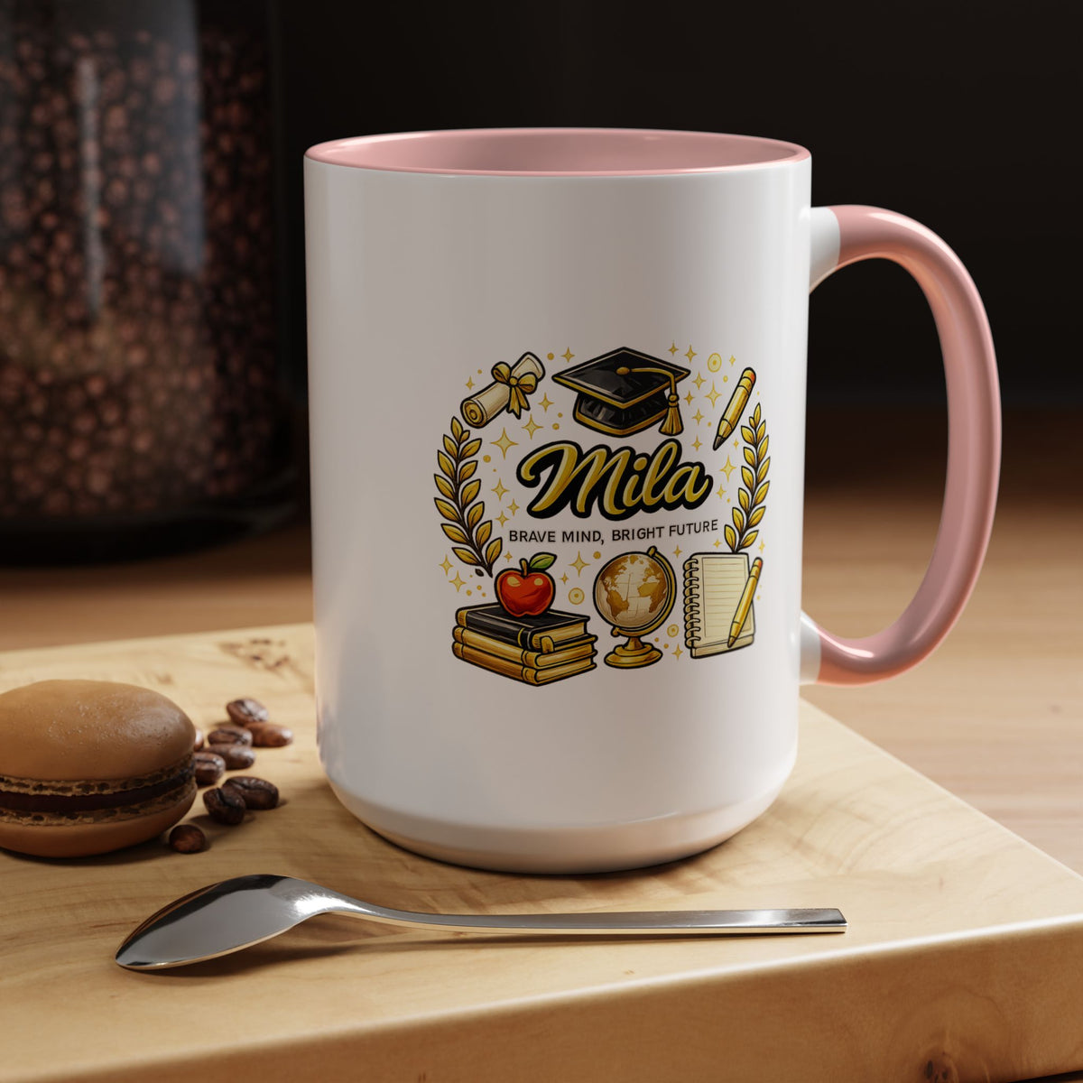 Personalized Graduation Mug for Her, Brave Mind Bright Future Coffee Cup, Custom Name Gift for Daughter, College or High School Graduate