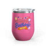 Happy Birthday to You Wine Tumbler, Pink and Blue Balloons with Party Bunting, Colorful Drinkware Gift for a Sister or Best Friend's Party