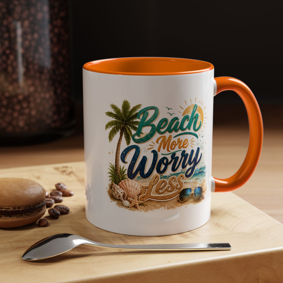 Beach More Worry Less Coffee Mug, Summer Vacation Gift for Ocean Lovers, Cute Tropical Palm Tree Ceramic Tea Cup with Dark Blue Handle