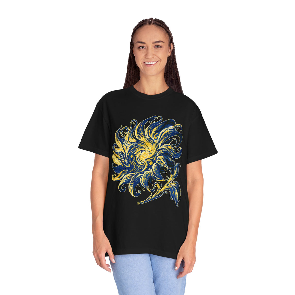 Celestial Sun Graphic Shirt, Blue and Gold Cosmic T-Shirt, Mystical Night Sky Tee, Astrology Gift for Stargazers and Dreamers, Gift Idea