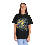Celestial Sun Graphic Shirt, Blue and Gold Cosmic T-Shirt, Mystical Night Sky Tee, Astrology Gift for Stargazers and Dreamers, Gift Idea