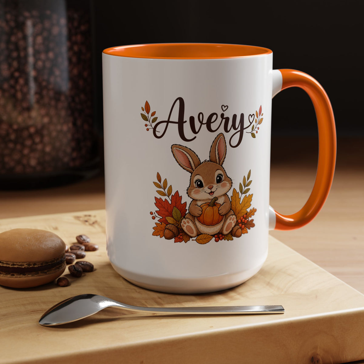 Personalized Bunny Mug with Name, Autumn Rabbit Coffee Cup, Cute Fall Woodland Gift for Daughter, Easter Basket or Birthday Keepsake