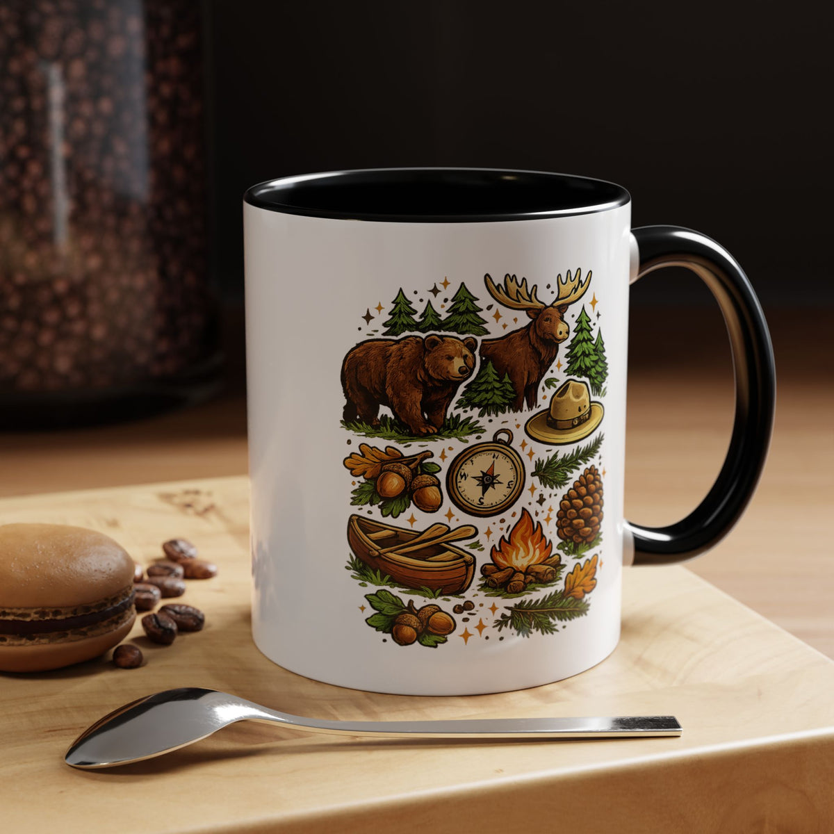 Camping Mug, Woodland Wildlife Coffee Cup, Bear and Moose Outdoor Gift, Rustic Cabin Kitchen Decor, Birthday Present for Camper or Hiker