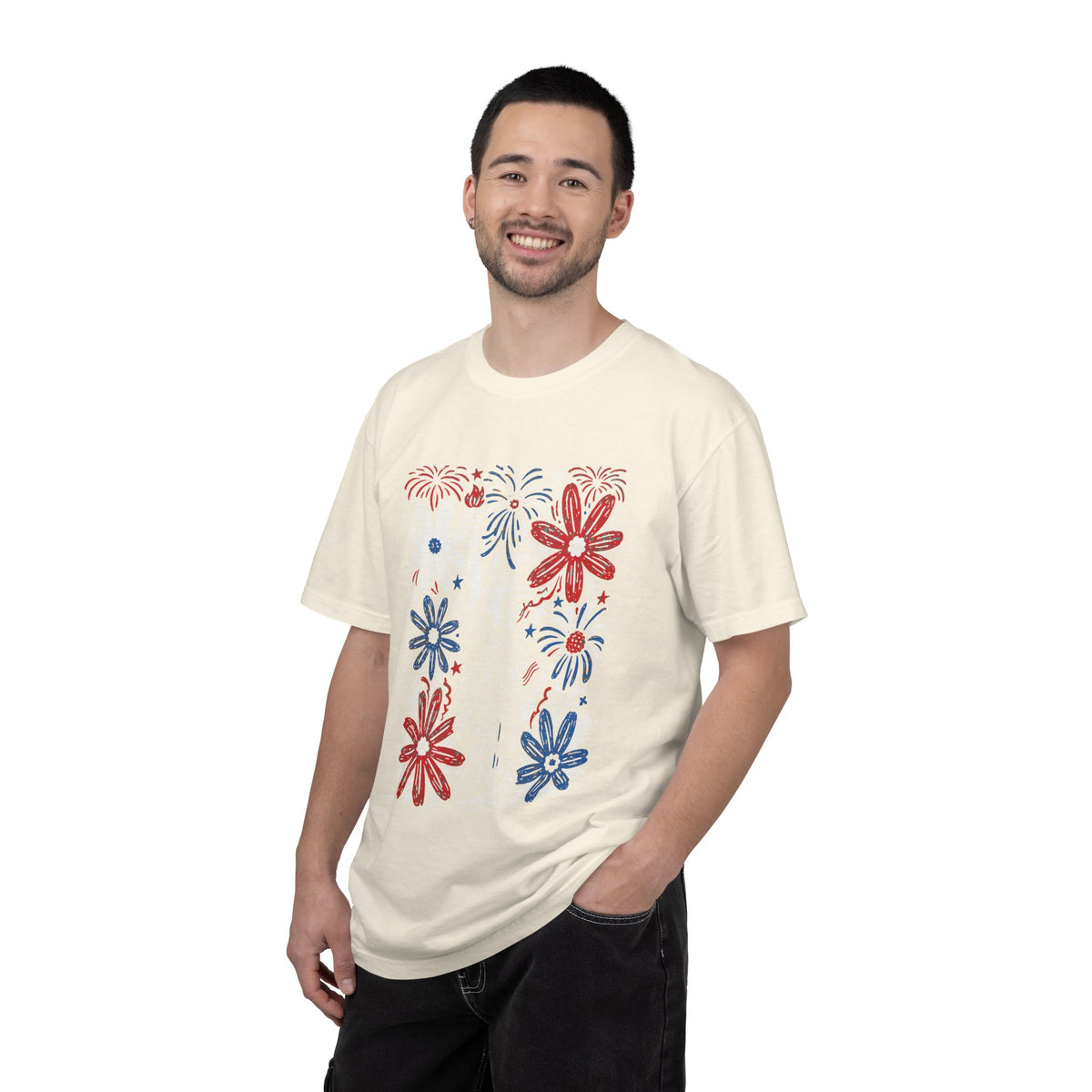 Patriotic Fireworks Shirt, Red White Blue Flower Graphic Tee, Americana T Shirt, Fourth of July Outfit, Vintage USA Gift for Women