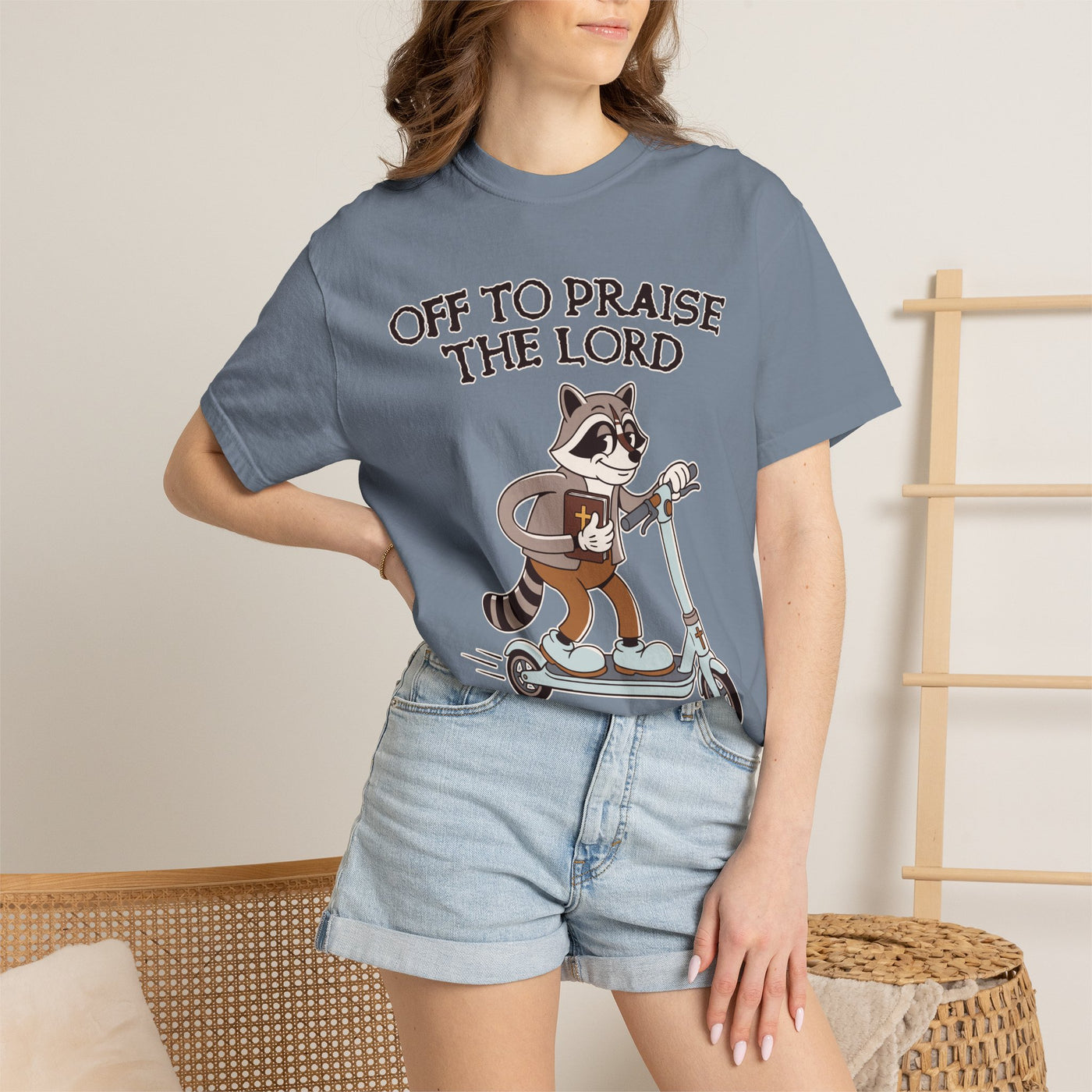Funny Christian Comfort Colors Shirt, Off to Praise the Lord Raccoon Tee, Cute Faith Based Graphic Tee, Trendy Christian Shirt for Women