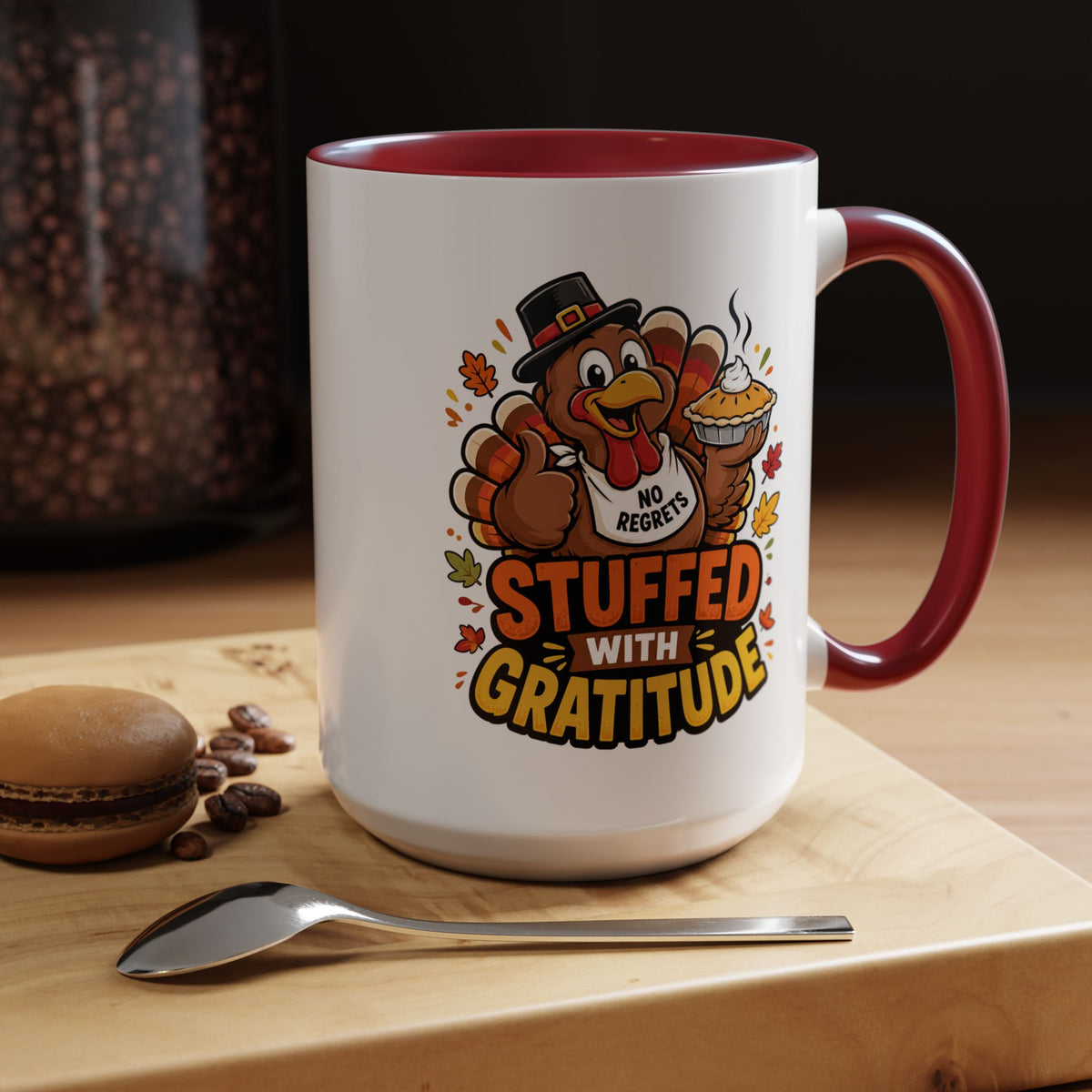 Stuffed With Gratitude Mug, Funny Thanksgiving Turkey Coffee Cup, Friendsgiving Hostess Gift, Cute Fall Drinkware for Food Lovers