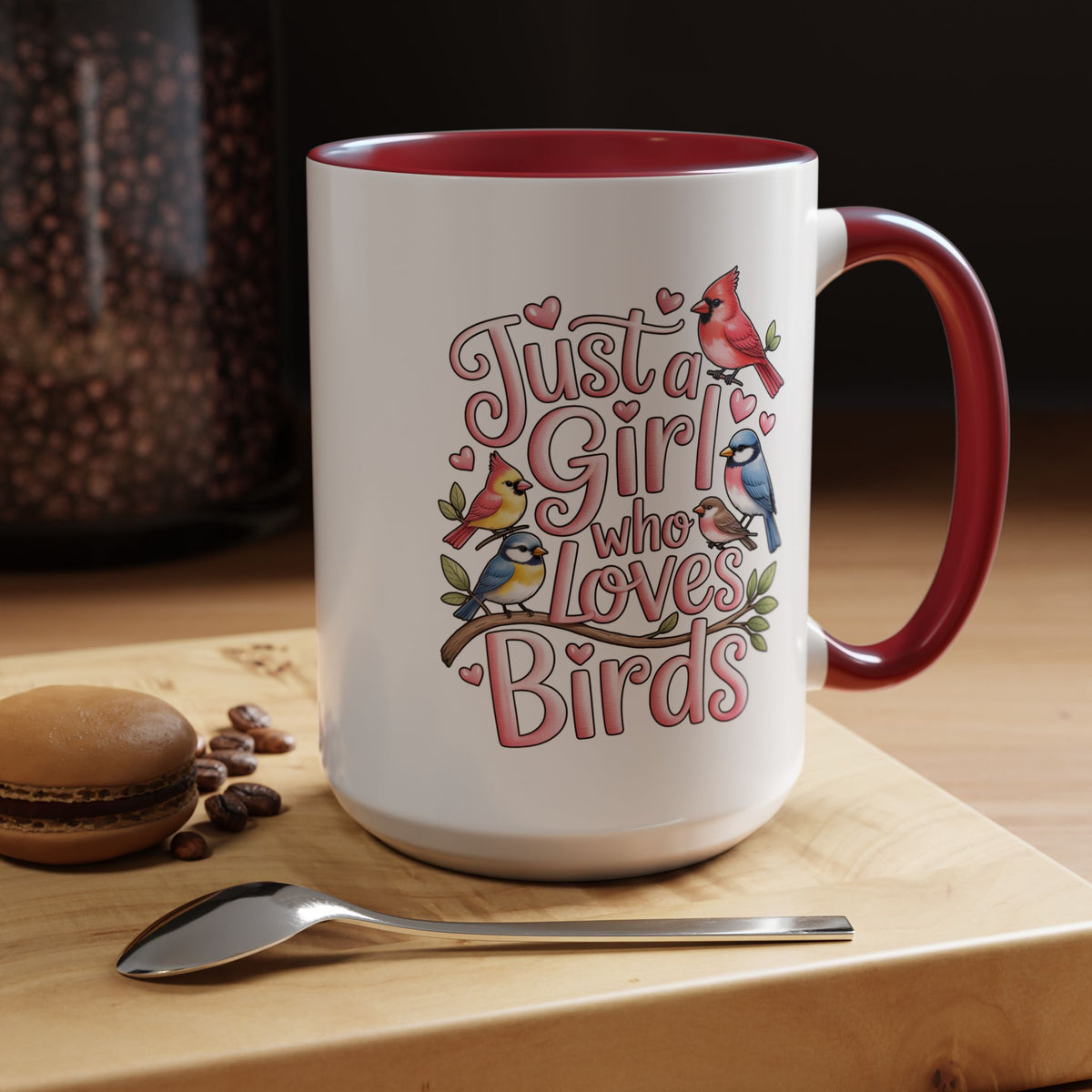 Bird Lover Coffee Mug, Just a Girl Who Loves Birds Quote, Pink Lettering and Garden Songbird Design, Birthday Gift for a Birdwatching Friend