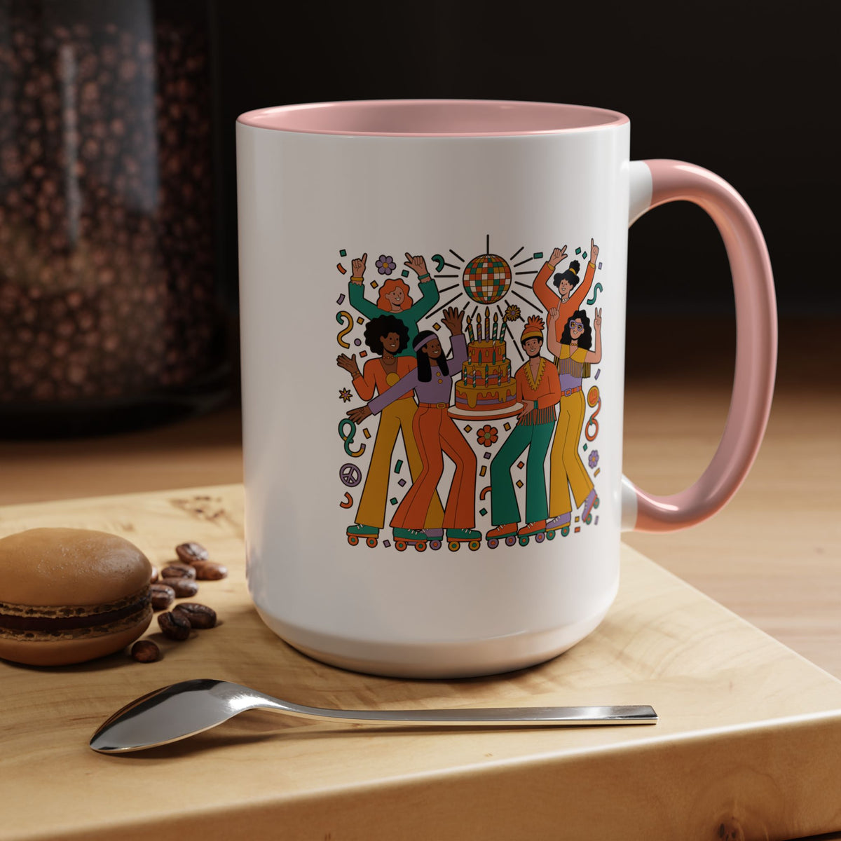 Retro Disco Birthday Coffee Mug, 70s Roller Skating Party Design, Groovy Gift for a Skater Friend Who Loves Colorful Nostalgic Drinkware