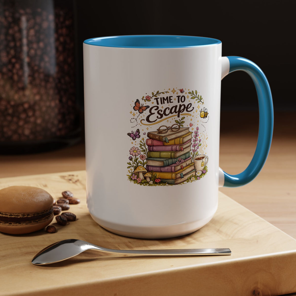 Book Lover Coffee Mug, Time to Escape Black Accent Cup with Books and Tea, Unique Cozy Gift for Reader, Librarian, Teacher or Bookworm