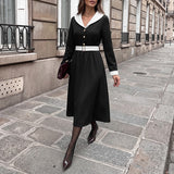Elegant Long Sleeve V-Neck Belted Waist Long Dress for Women