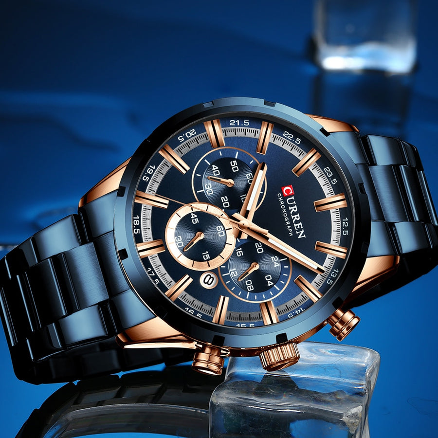 CURREN men's chronograph watch, blue dial, rose gold accents, stainless steel bracelet