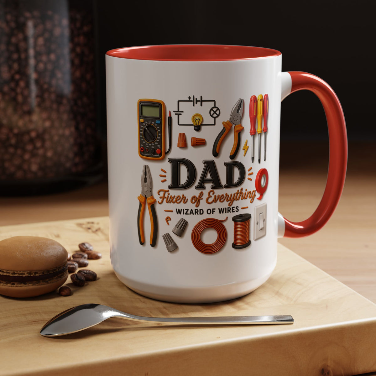 Electrician Dad Fixer of Everything Coffee Mug, Father's Day Gift for Electricians, Lineman Papa Handyman Ceramic Tea Cup with Black Handle