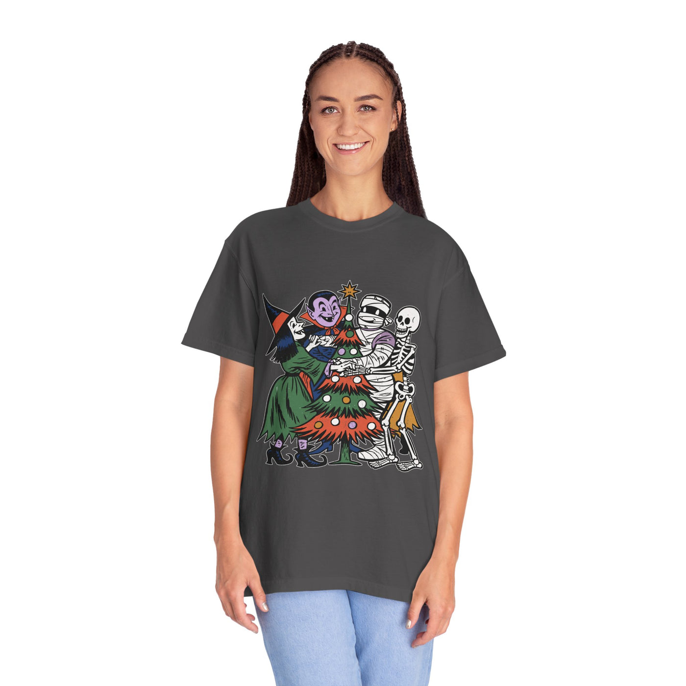 Spooky Christmas Shirt, Halloween Holiday Mashup T-Shirt, Witch Vampire Mummy and Skeleton Tree Tee, Gothic Christmas Gift for Horror Fan