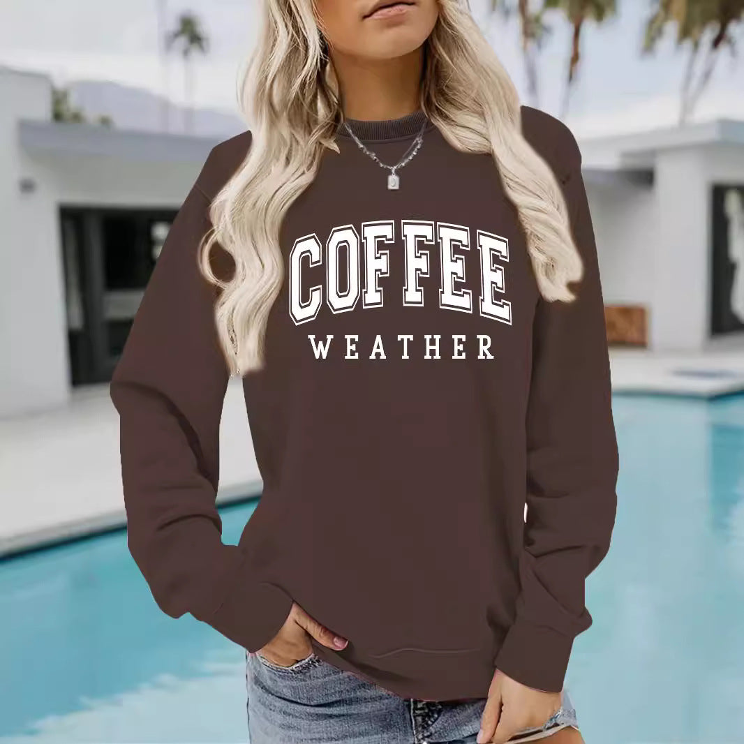 Round neck COFFEE printed pullover sweatshirt sweatshirt