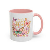 To a Wonderful Mum Coffee Mug, Cute Butterfly Birthday Gift for Mother, Floral Pastel Watercolor Ceramic Tea Cup with Pink Handle, Mum Gift