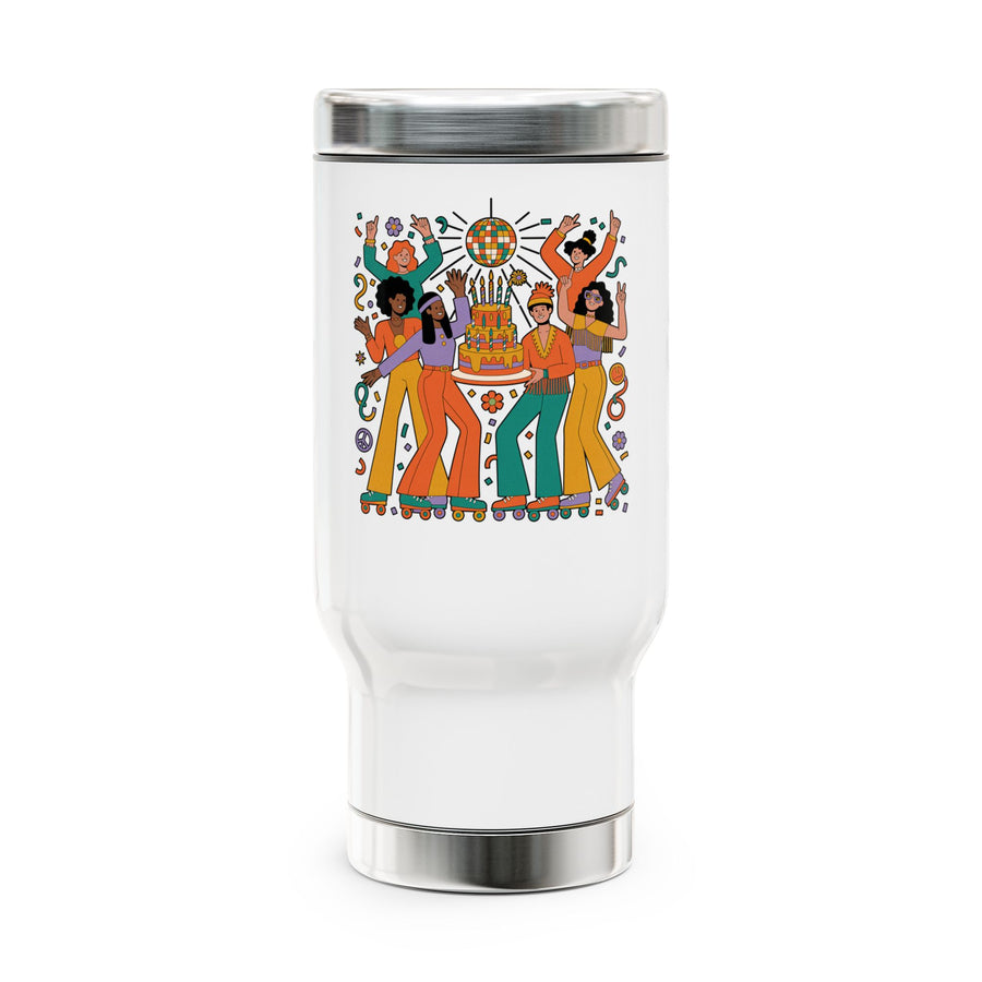 A white stainless steel travel mug with a silver lid and base, printed with a group of roller skaters in 70s flares dancing around a tiered birthday cake under a disco ball, in orange, teal, mustard and lavender.