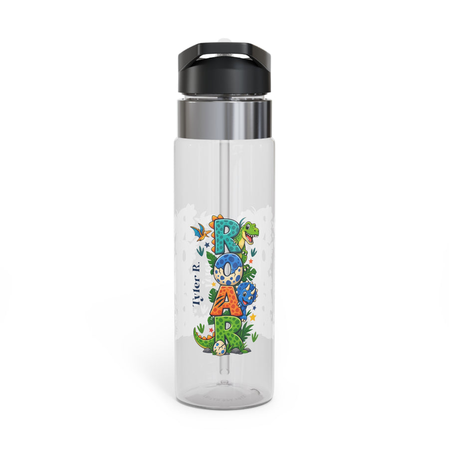 Clear plastic water bottle with a black flip lid and a straw, printed with the word Roar spelled out in cartoon dinosaur letters, with the name Tyler R. in black script alongside them.