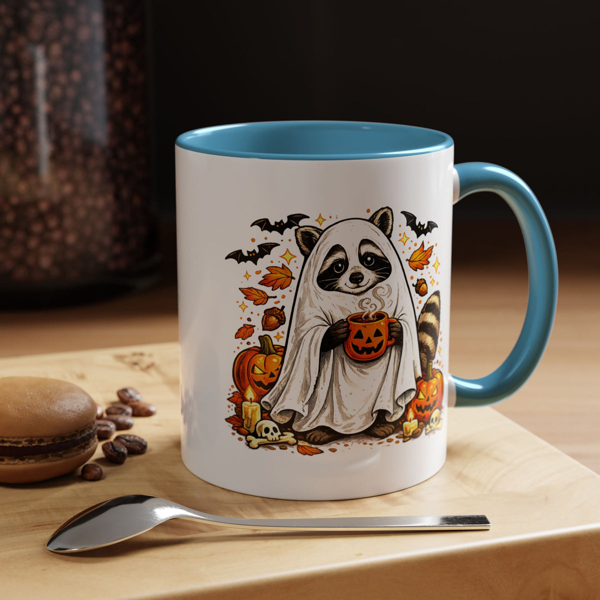Cute Raccoon Halloween Mug, Ghost Costume Coffee Cup, Spooky Pumpkin Gift for Animal Lover, Fall Birthday or October Office Desk Decor