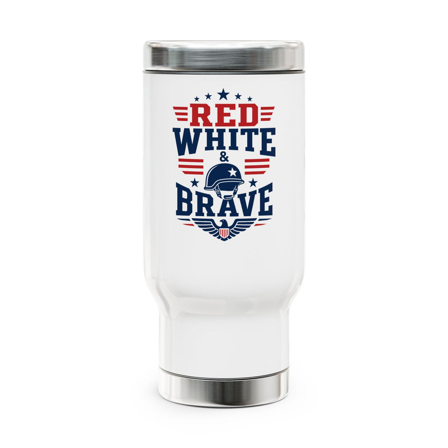 A white stainless steel travel mug with a silver lid and base, printed with "RED WHITE & BRAVE" in red and navy lettering with a soldier's helmet, stars and an eagle crest.