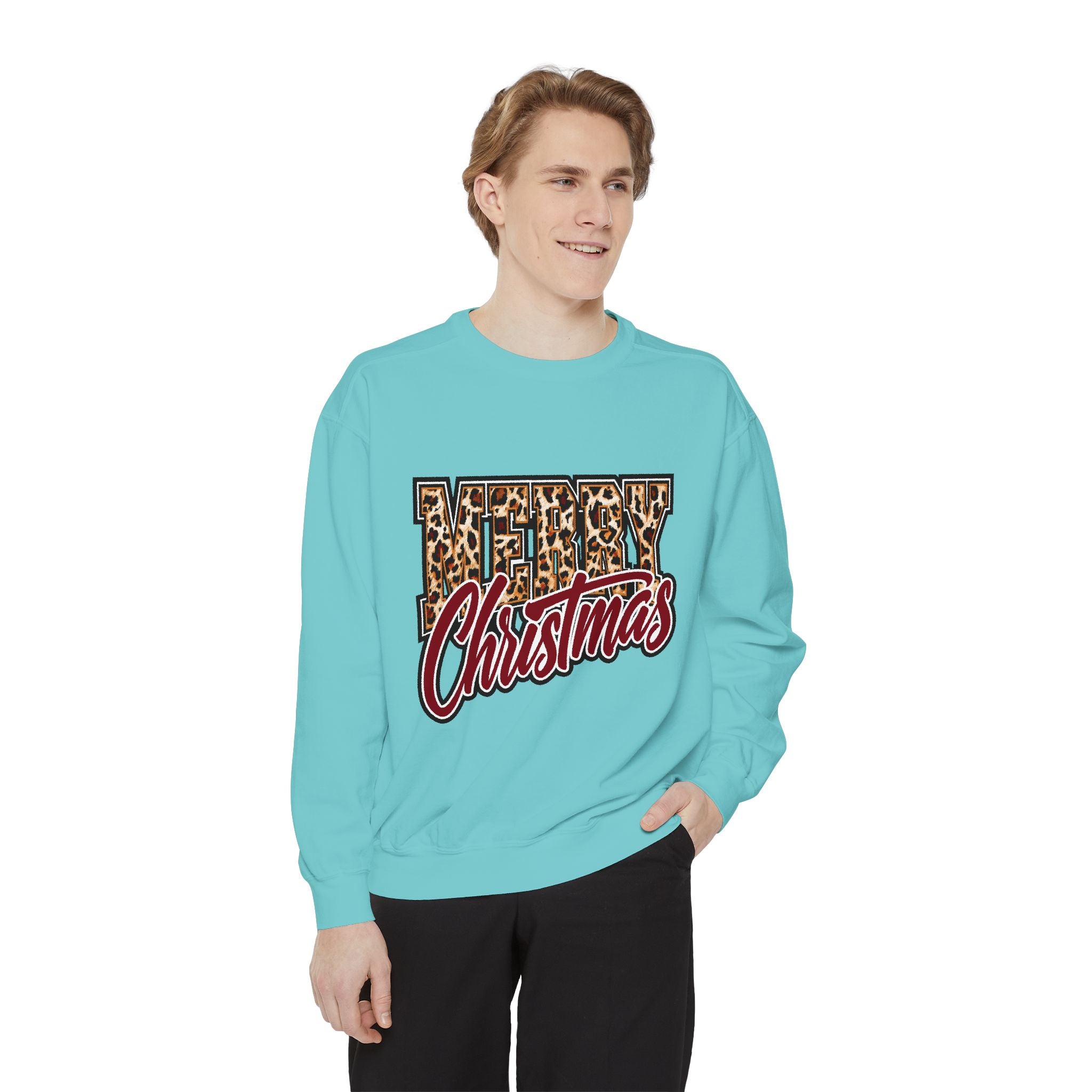 Merry Christmas Leopard Print Sweatshirt, Trendy Holiday Crewneck, Cheetah Lettering Pullover, Festive Gift for Women, Mom or Teacher