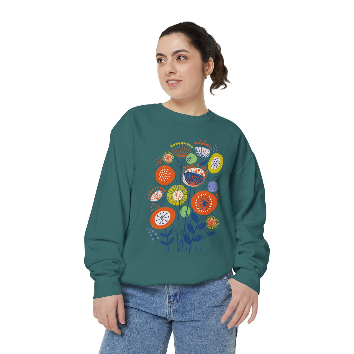 Retro Floral Graphic Sweatshirt, Colorful Botanical Pullover for Flower Lovers, Mid Century Garden Top, Cheerful Nature Gift for Her