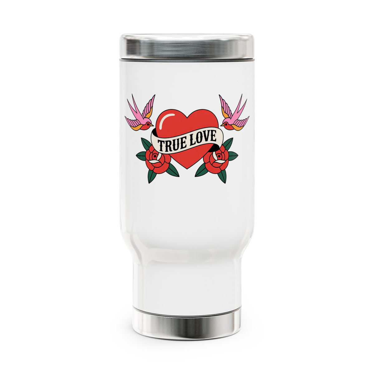 True Love Stainless Steel Travel Mug, Vintage Tattoo Heart Cup, Romantic Gift for Her, Retro Floral Drinkware