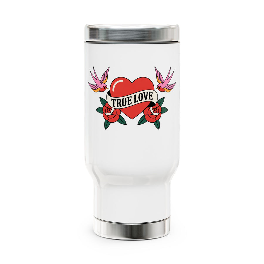 A white stainless steel travel mug with a silver lid and base, printed with a red heart wrapped in a "TRUE LOVE" banner between two red roses, with a pink swallow on each side, in retro tattoo style.