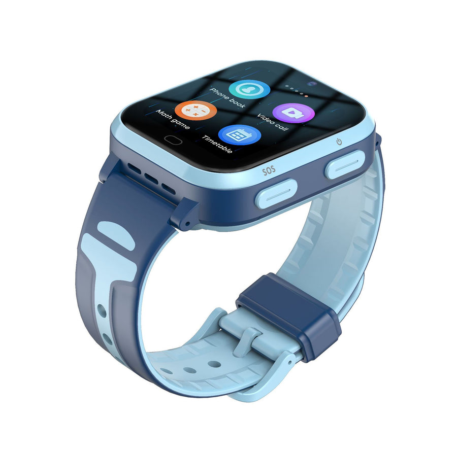Blue and light blue camouflage children's smartwatch with a digital time display and SIM slot