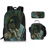 Astronaut Space Character Anime Style 3-Piece Set Backpack Lunch Bag Pencil Case Student Organizer Casual Fashion