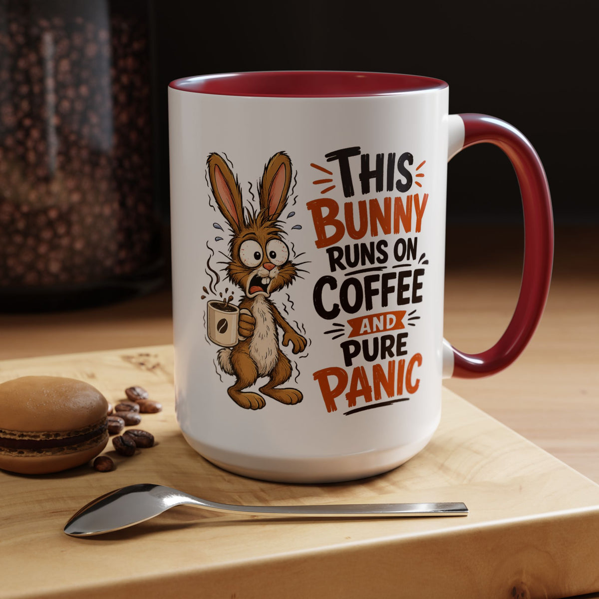 This Bunny Runs on Coffee and Pure Panic Coffee Mug, Funny Rabbit Lover Gift for Friends, Cute Sarcastic Ceramic Tea Cup with Black Handle