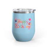 Happy Birthday Wine Tumbler, Pastel Balloons and Cupcake Design, Colorful Drinkware Gift for a Best Friend, Sister or Coworker Celebration