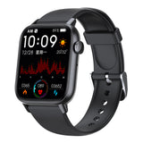 DM15 smartwatch with black silicone band, angled view showing heart rate chart and daily stats