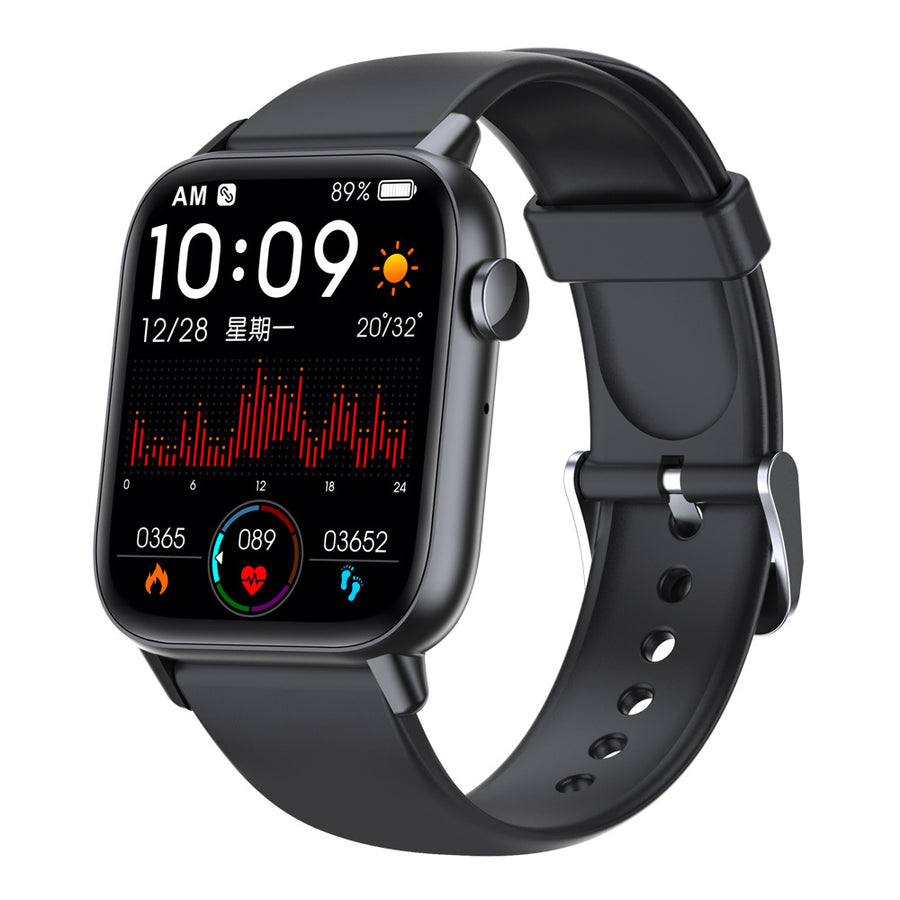 DM15 smartwatch with black silicone band, angled view showing heart rate chart and daily stats