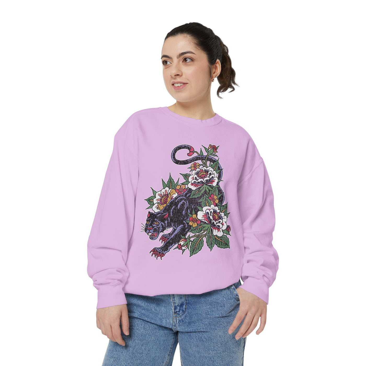 Traditional Panther Graphic Sweatshirt, Floral Tattoo Pullover for Men and Women, Old School Big Cat Top