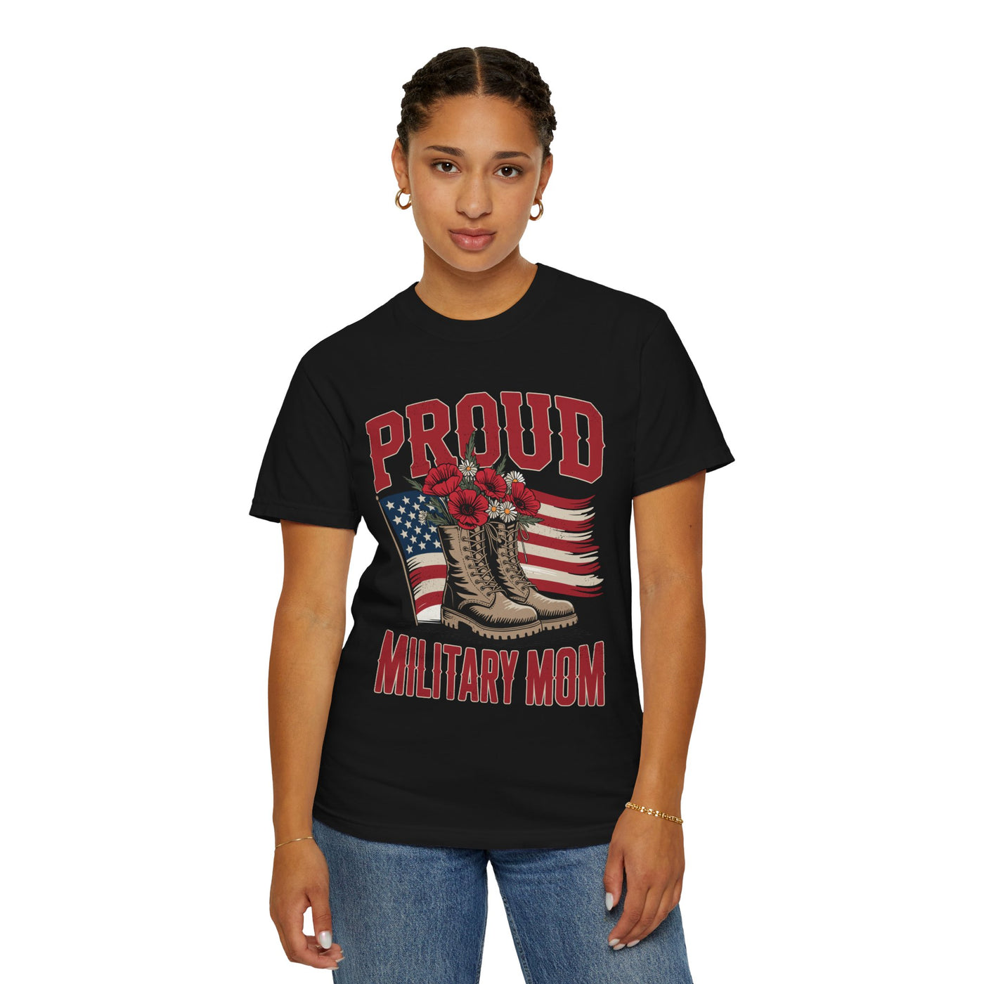 Proud Military Mom Shirt, Patriotic Army Mom T Shirt, Boots and Flowers Graphic Tee, American Flag Family Support Gift