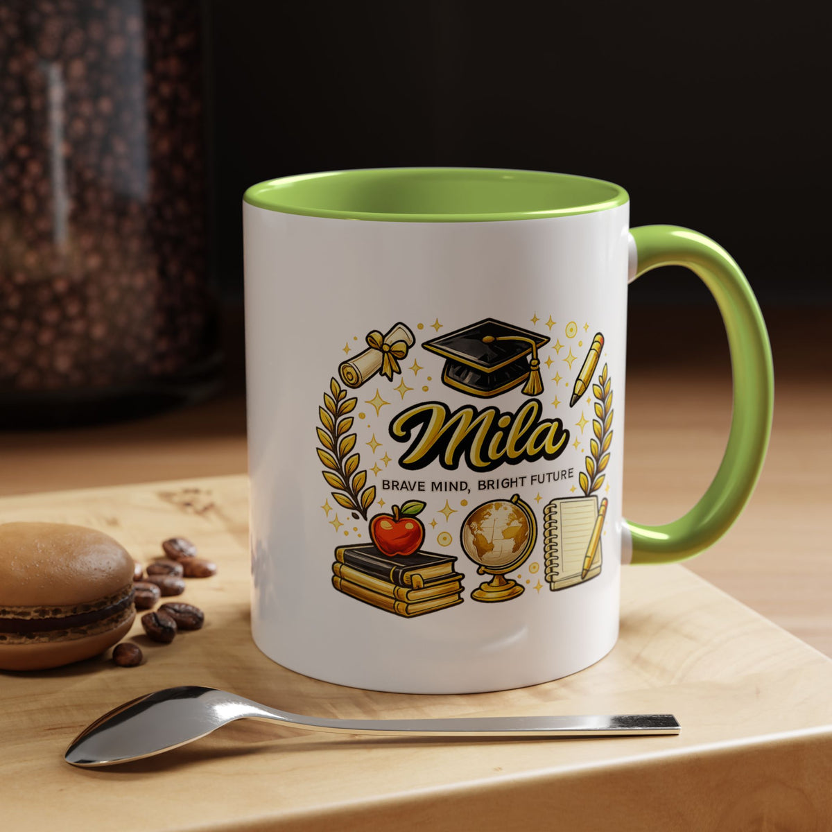 Personalized Graduation Mug for Her, Brave Mind Bright Future Coffee Cup, Custom Name Gift for Daughter, College or High School Graduate