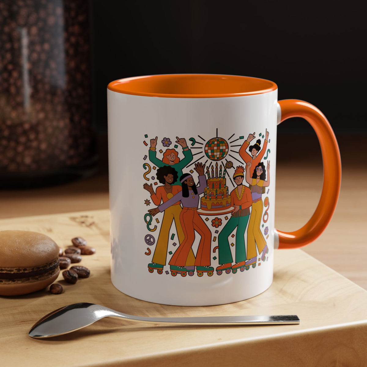 Retro Disco Birthday Coffee Mug, 70s Roller Skating Party Design, Groovy Gift for a Skater Friend Who Loves Colorful Nostalgic Drinkware
