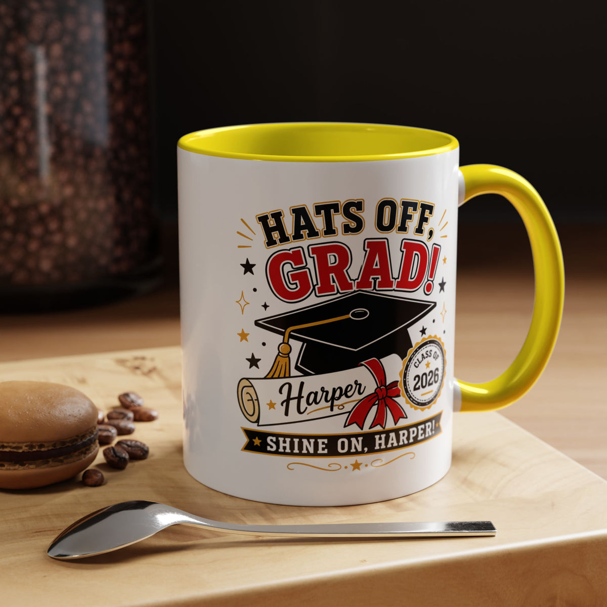 Personalized Graduation Mug, Hats Off Grad Class of 2026 Coffee Cup, Custom Name Gift for Daughter, Son, High School or College Senior