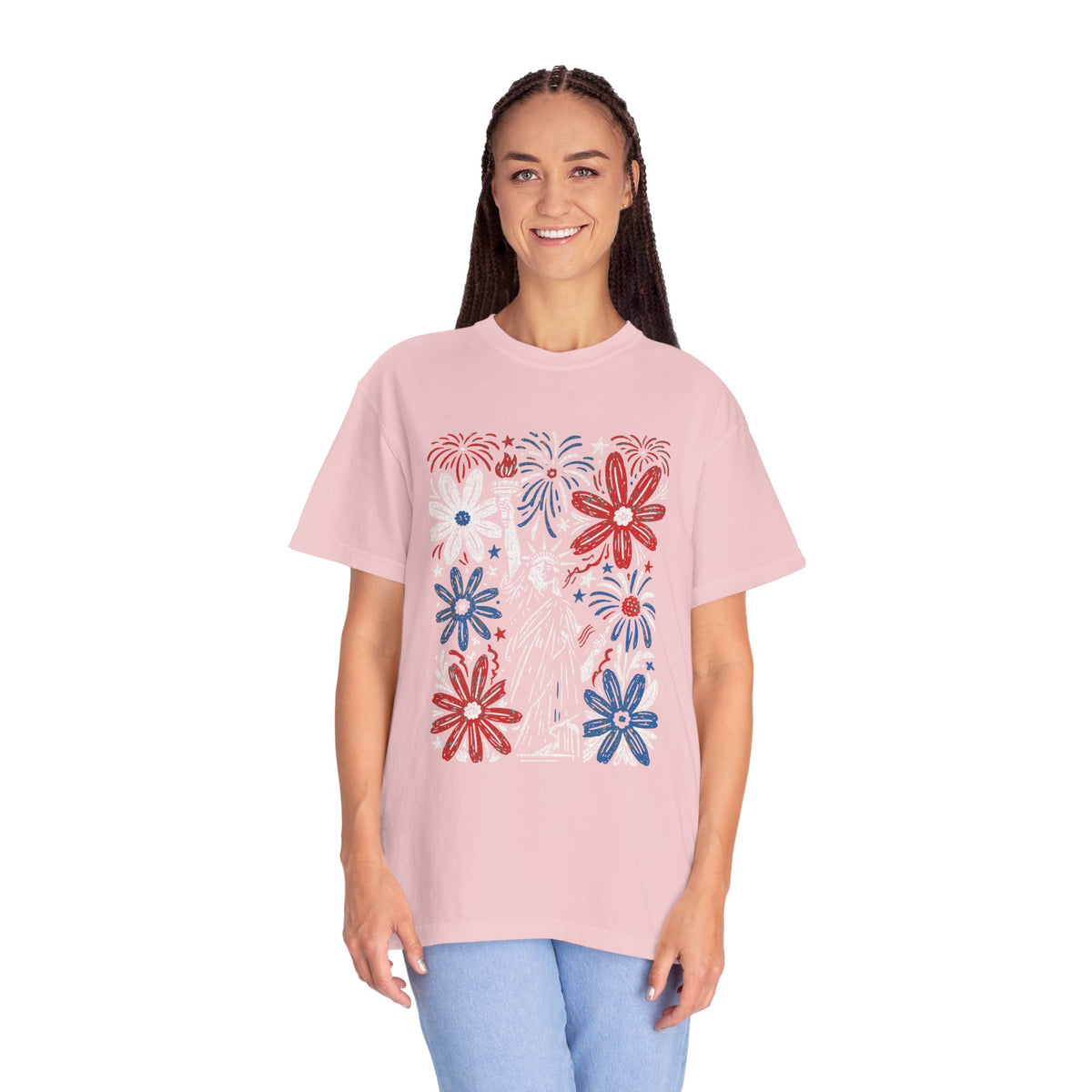 Patriotic Fireworks Shirt, Red White Blue Flower Graphic Tee, Americana T Shirt, Fourth of July Outfit, Vintage USA Gift for Women