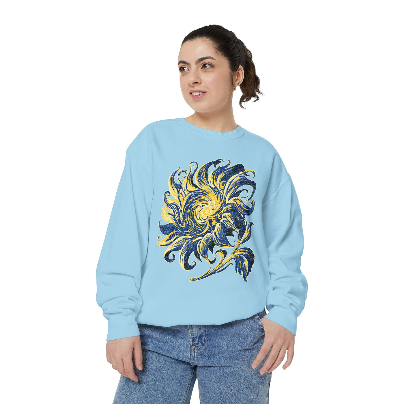 Celestial Sun Graphic Sweatshirt, Blue and Gold Cosmic Pullover, Mystical Night Sky Top, Astrology Gift for Stargazers and Dreamers