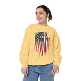 God Bless America Sweatshirt, Distressed American Flag and Cross Graphic, Patriotic Christian Gift for Church Events and Everyday Faith