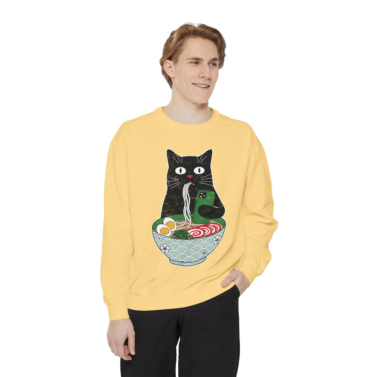 Ramen Cat Comfort Colors Sweatshirt, Funny Cat Eating Noodles Shirt, Cat Lover Graphic Crewneck, Foodie Gift Idea