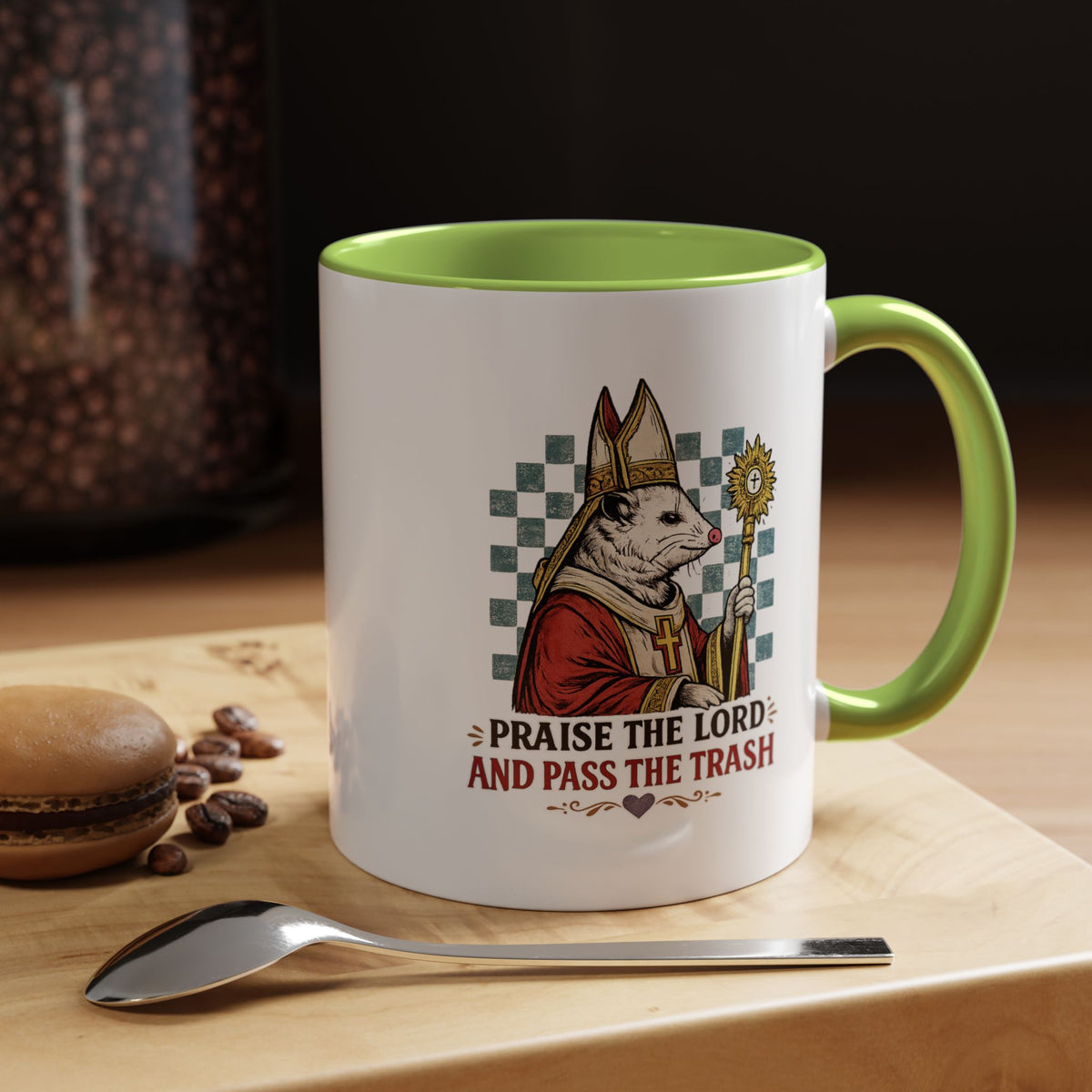 Praise the Lord and Pass the Trash Coffee Mug, Funny Opossum Pope Gift for Friends, Sarcastic Christian Possum Ceramic Tea Cup with Black Handle